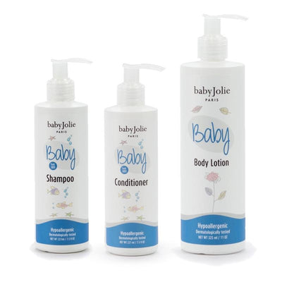 Baby Jolie - Baby Bath and Moisturize Set, featuring shampoo, conditioner, and lotion, all with hypoallergenic labels.
