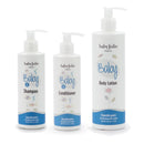 Three bottles of Baby Jolie bath products, including shampoo, conditioner, and body lotion, labeled and hypoallergenic.