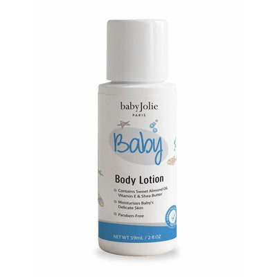 Baby Jolie body lotion travel size, 2oz, moisturizes delicate baby skin, paraben-free, contains almond oil, vitamin E, and shea butter.