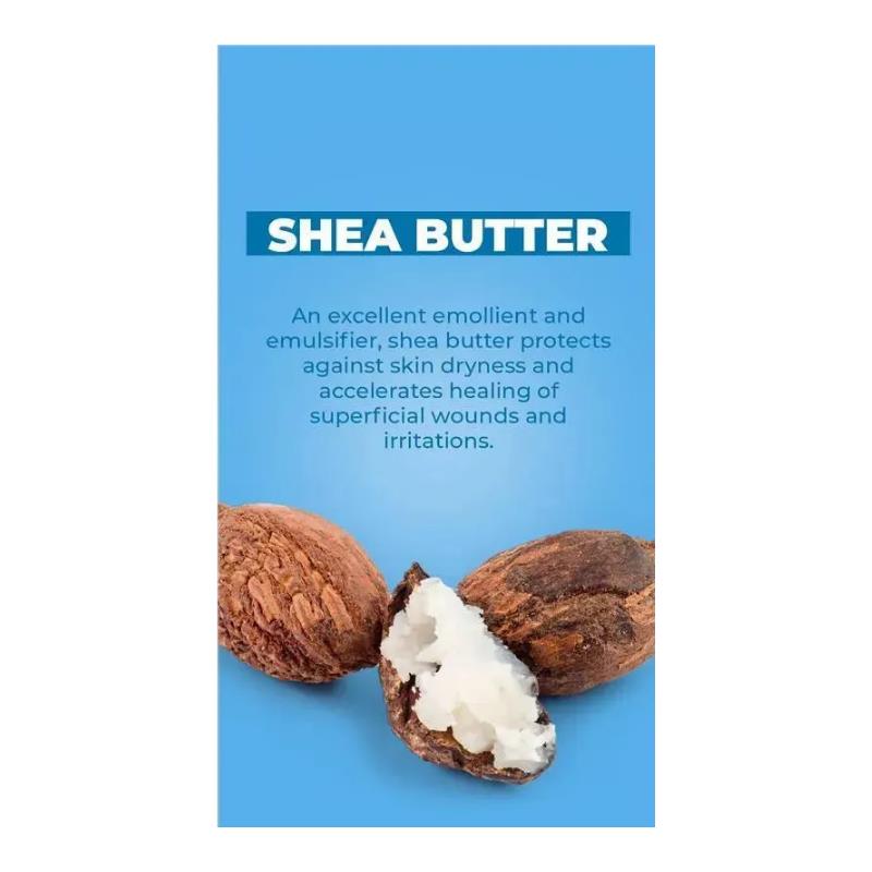 Shea butter nuts with a broken shell displaying the creamy interior, accompanied by text explaining its skin benefits.