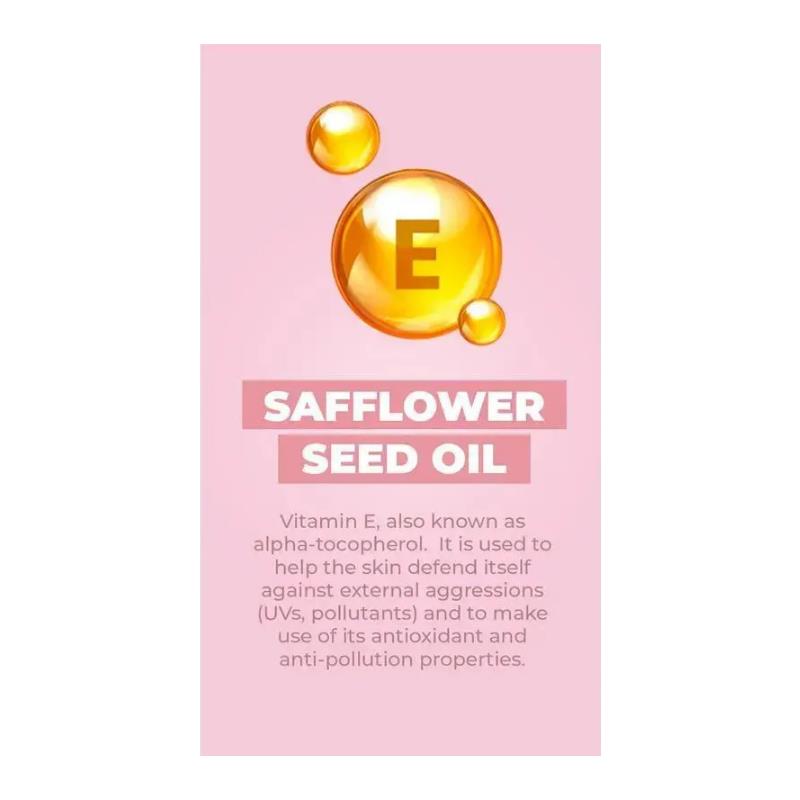 Safflower Seed Oil benefits, featuring Vitamin E, promotes skin defense against pollutants and UVs.