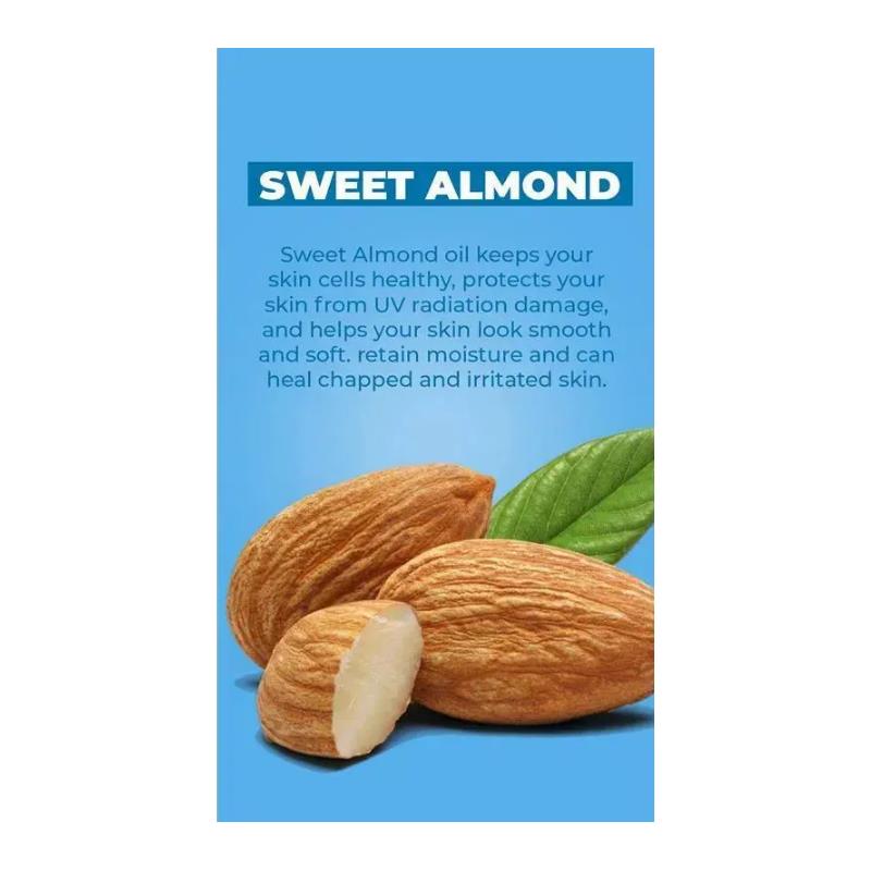 Sweet Almond oil benefits include healthy skin cells, UV protection, moisture retention, and healing chapped skin, on a blue background.