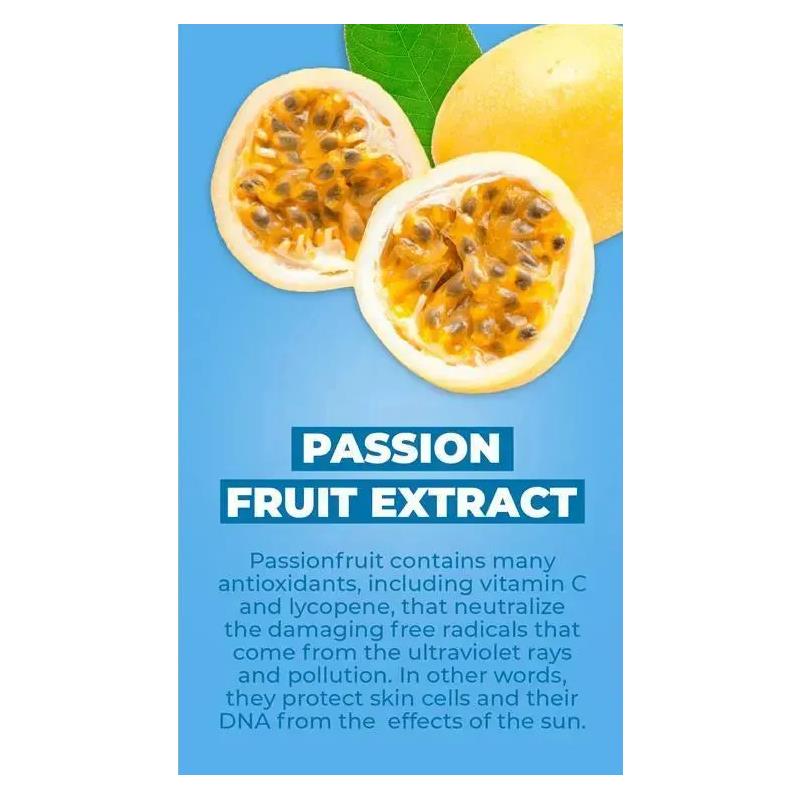 Passion fruit extract with sliced passion fruit and text highlighting its antioxidant benefits for skin protection.
