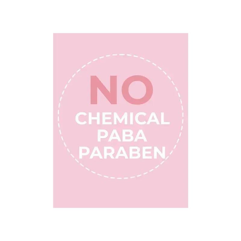 NO CHEMICAL PABA PARABEN written in bold on a pink background, emphasizing baby-friendly ingredients.