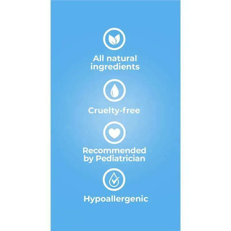 Baby Jolie Foam Shampoo features a light blue background with icons and text highlighting its all-natural ingredients, cruelty-free status, pediatrician recommendation, and hypoallergenic properties.
