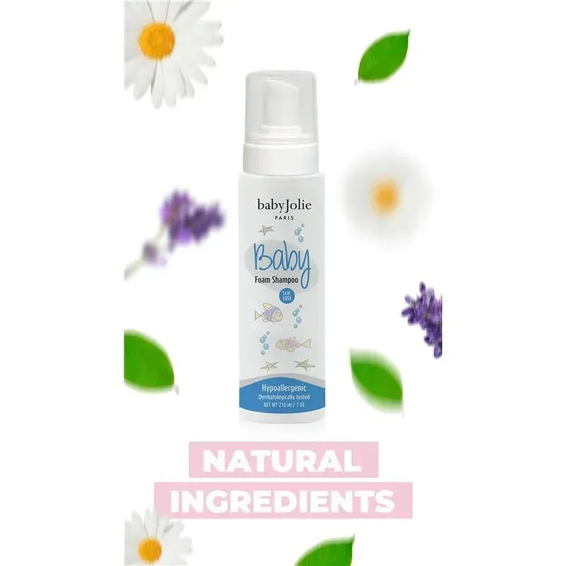 Baby Jolie Baby Foam Shampoo 7 Oz, hypoallergenic with natural ingredients, surrounded by floral elements.