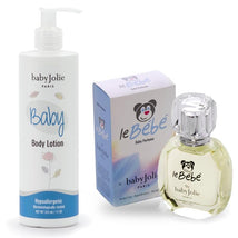 Baby Jolie body lotion in a white bottle and le Bebe baby perfume in a clear bottle with a blue box, both hyp?allergenic.