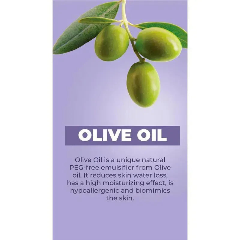 Olive oil product label featuring green olives, with text describing its moisturizing and skin-friendly properties.