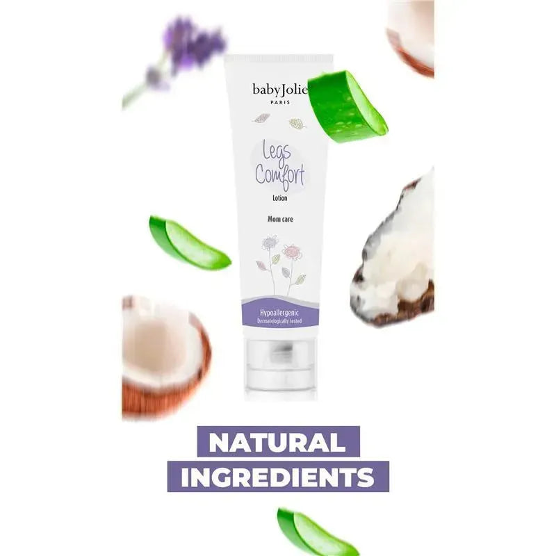 Baby Jolie Mom Care Comfort Legs lotion in a tube, featuring natural ingredients like aloe vera and coconut.