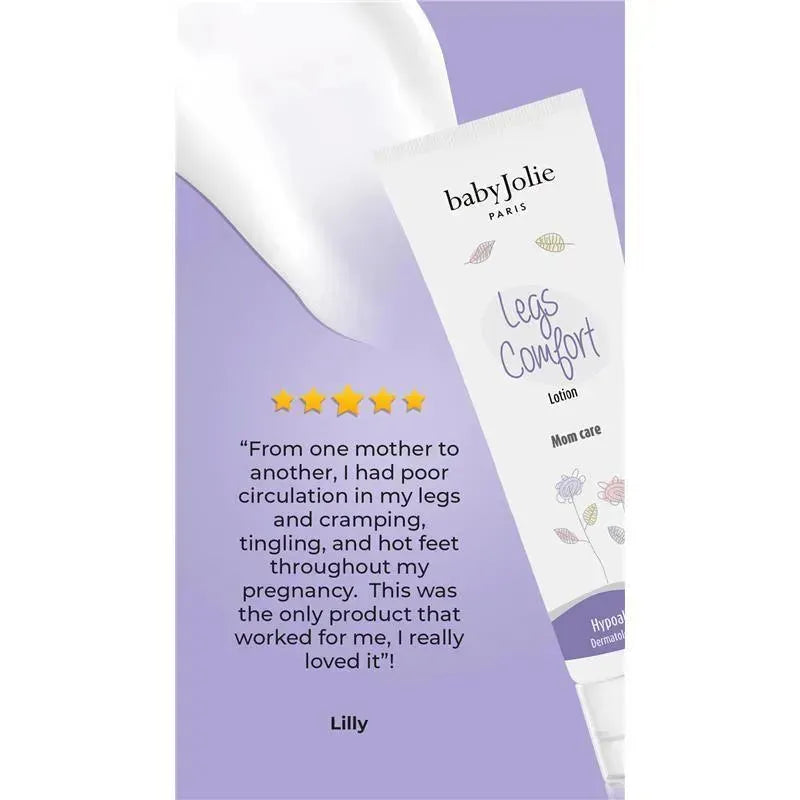 Baby Jolie Mom Care Comfort Legs lotion in a 6 oz tube, with a testimonial from a user describing its effectiveness.