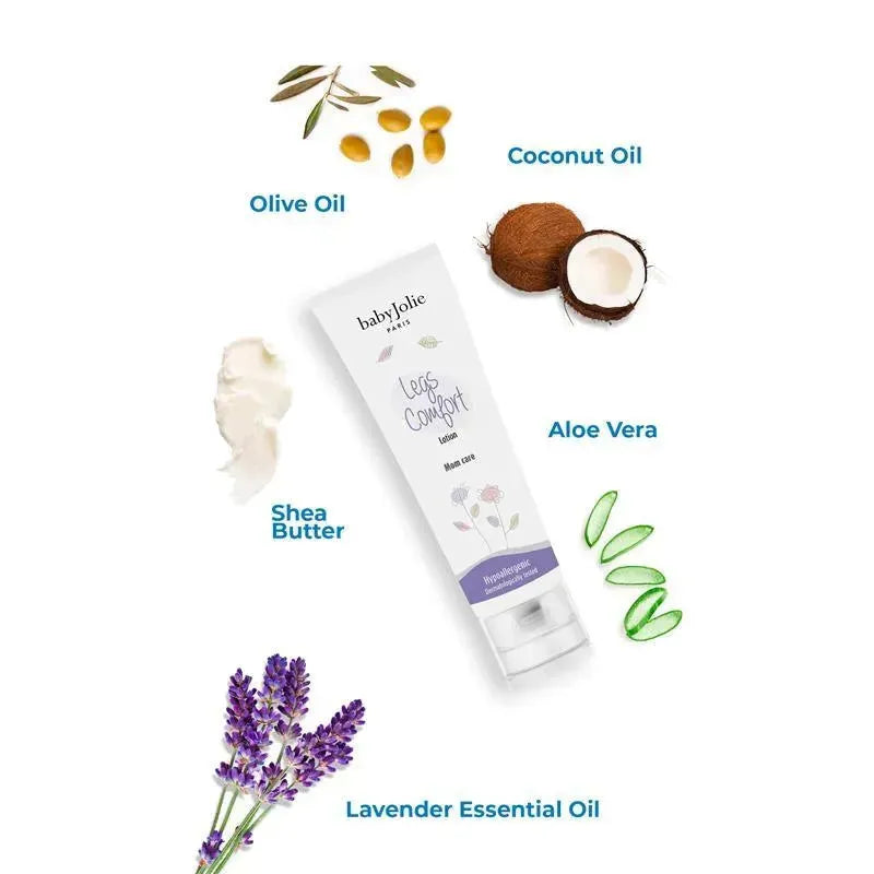 Baby Jolie Mom Care Comfort Legs lotion tube surrounded by olive oil, coconut oil, aloe vera, shea butter, and lavender essential oil.