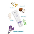 Baby Jolie Mom Care Comfort Legs lotion tube surrounded by olive oil, coconut oil, aloe vera, shea butter, and lavender essential oil.