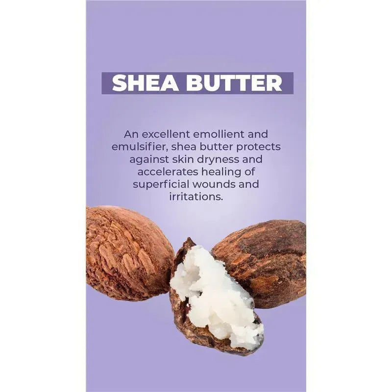 Shea butter described as an emollient, with two nuts displaying the creamy interior, promoting skin healing.