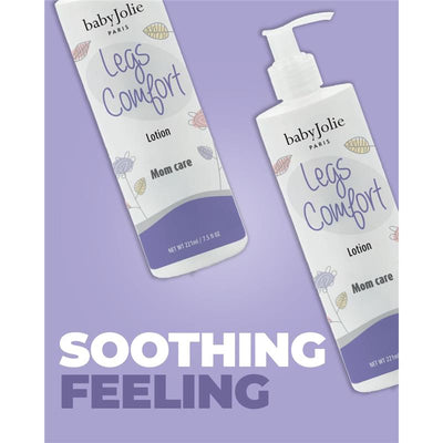 Baby Jolie Legs Comfort lotion 7.5 oz, designed for mom care, with soothing feeling text in bold on a lavender background.