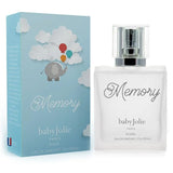 Baby Jolie Memory Baby Perfume, 1.7Oz in a clear glass bottle beside a blue box featuring clouds and an elephant with balloons.