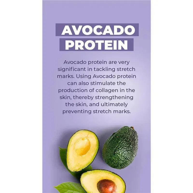 Avocado Protein benefits for treating stretch marks, with visuals of whole and halved avocados on a lavender background.
