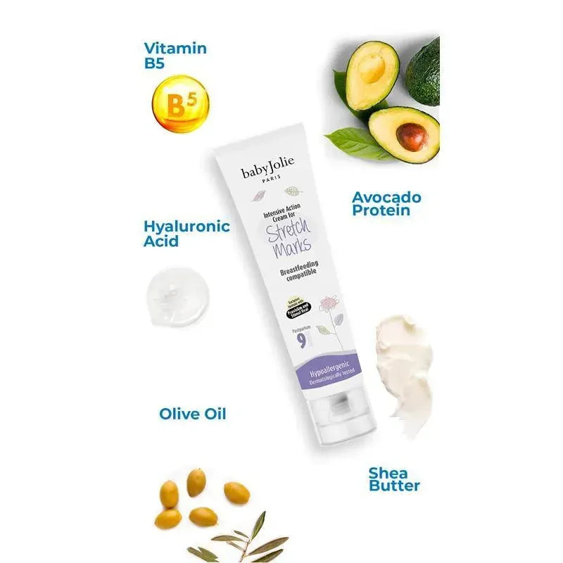 Intensive Action Cream for Stretch Marks by Baby Jolie, featuring key ingredients like Vitamin B5, Hyaluronic Acid, and Avocado Protein.