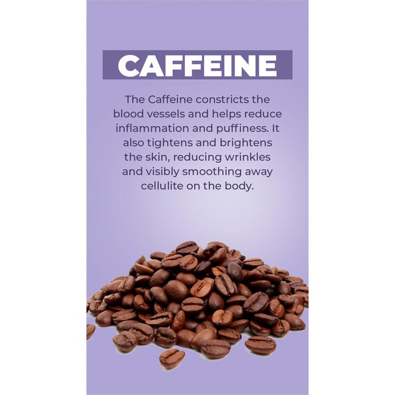 Caffeine benefits for skin, detailing its ability to reduce wrinkles and cellulite, with coffee beans in the foreground.