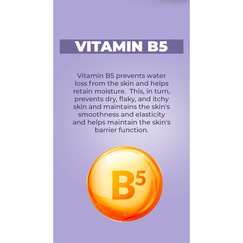 Vitamin B5 benefits for skin including moisture retention, smoothness, and elasticity, with a highlighted B5 icon.