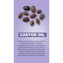 Castor oil seeds displayed on a lavender background, with text explaining its moisturizing properties for skin.