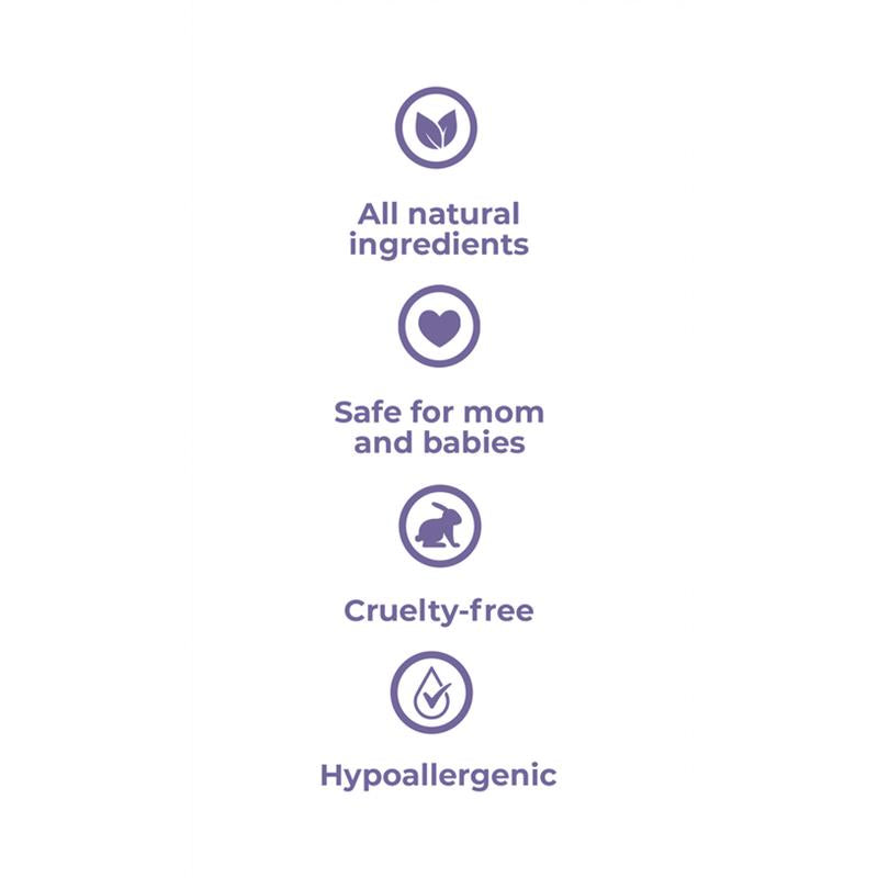 All natural ingredients, safe for mom and babies, cruelty-free, and hypoallergenic features for Baby Jolie product.