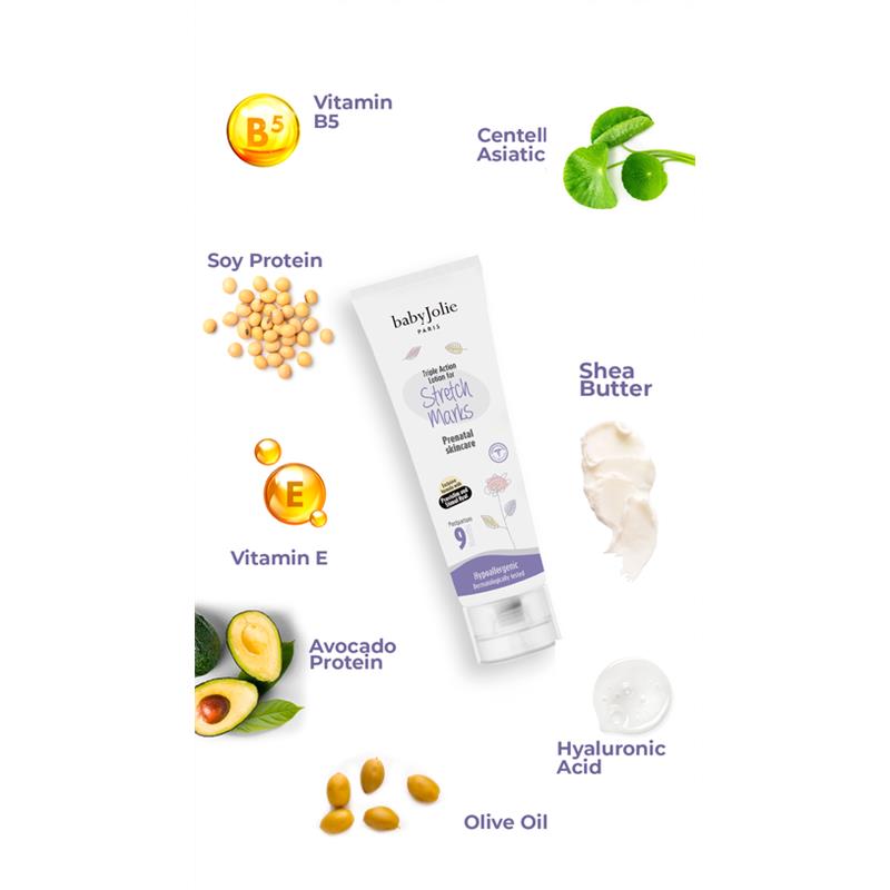 Moisturizing and stretch mark cream from Baby Jolie, featuring active ingredients like shea butter and hyaluronic acid.