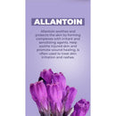 Description of allantoin benefits with purple flowers representing its soothing properties.