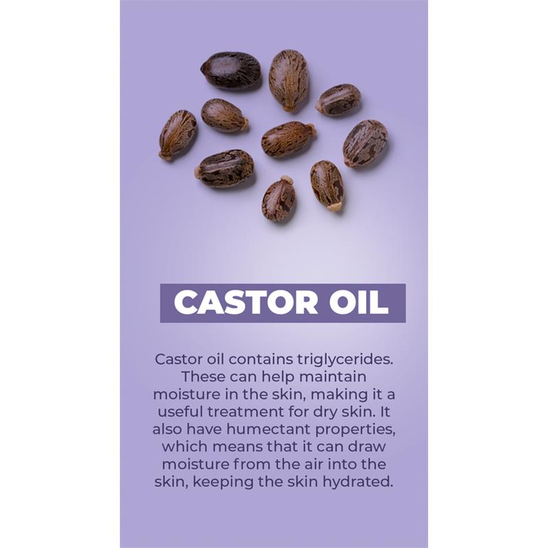 Castor oil seeds on a purple background, with text explaining its moisture-retaining benefits for dry skin.