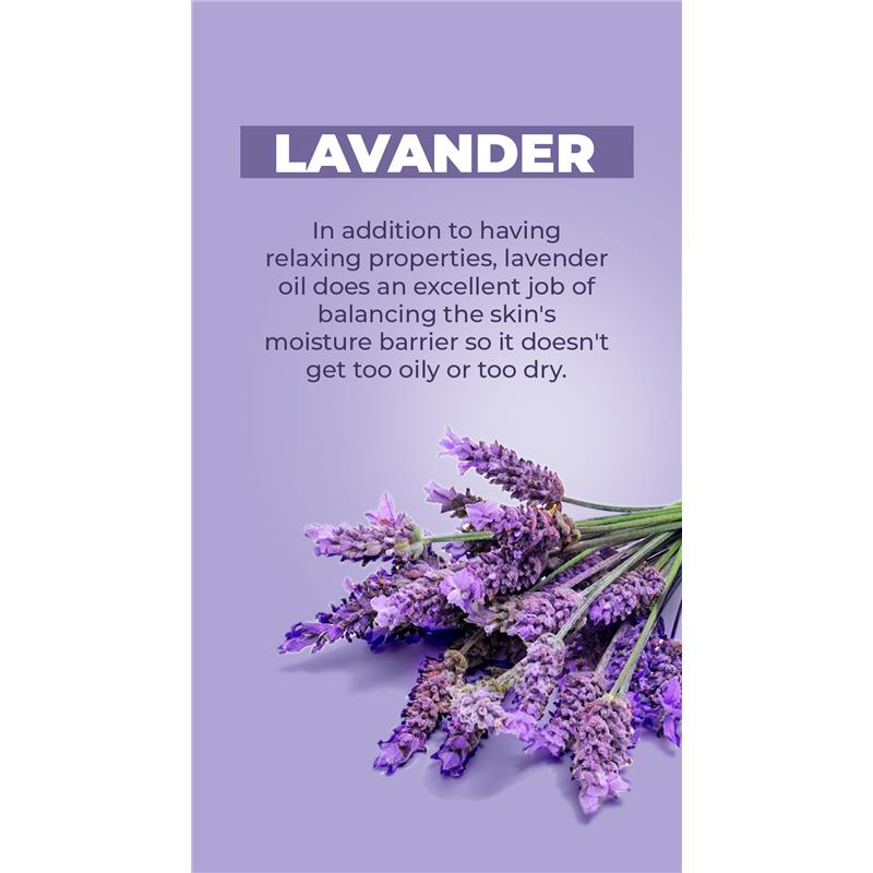 Lavender flowers on a purple background, with text highlighting their moisturizing properties and calming effects.