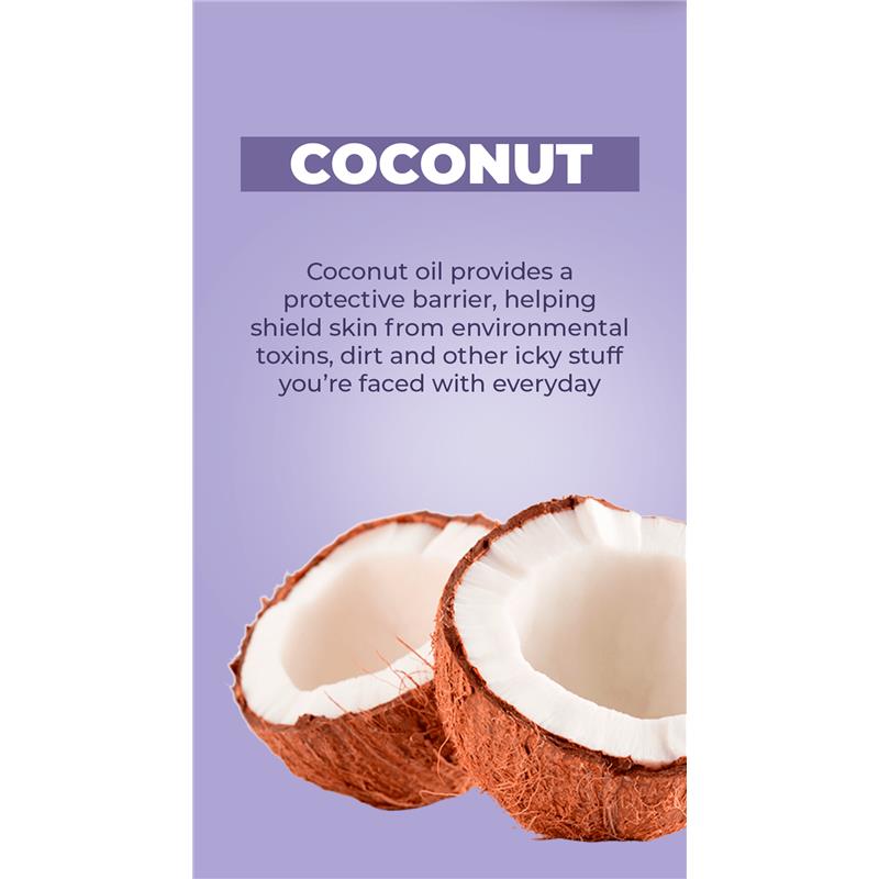 Coconut halves on a purple background with text describing the benefits of coconut oil for skin protection.