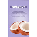 Coconut halves on a purple background with text describing the benefits of coconut oil for skin protection.
