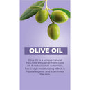 Olive oil with text describing its properties as a natural PEG-free emulsifier, highlighting moisturizing and hypoallergenic benefits.