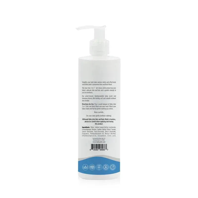 Baby Jolie 2 in 1 Hair & Body Wash in a pump bottle, 7.5 oz, with directions and ingredients on the back.