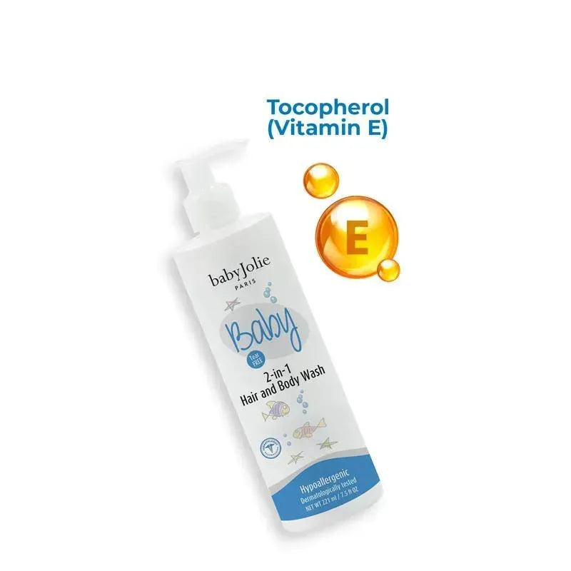 Baby Jolie 2-in-1 Hair and Body Wash, 7.5 oz, featuring a pump bottle with aquatic-themed designs and tocopherol (Vitamin E) icons.