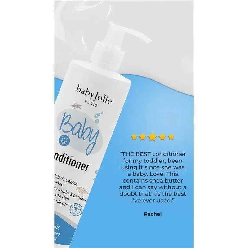 Baby Jolie hair conditioner bottle with a blue background, featuring a glowing customer review about its effectiveness.