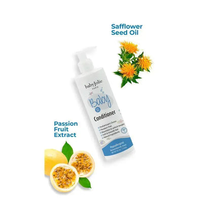 Baby Jolie Baby Hair Conditioner 7.5 oz bottle with pump, featuring passion fruit extract and safflower seed oil illustrations.