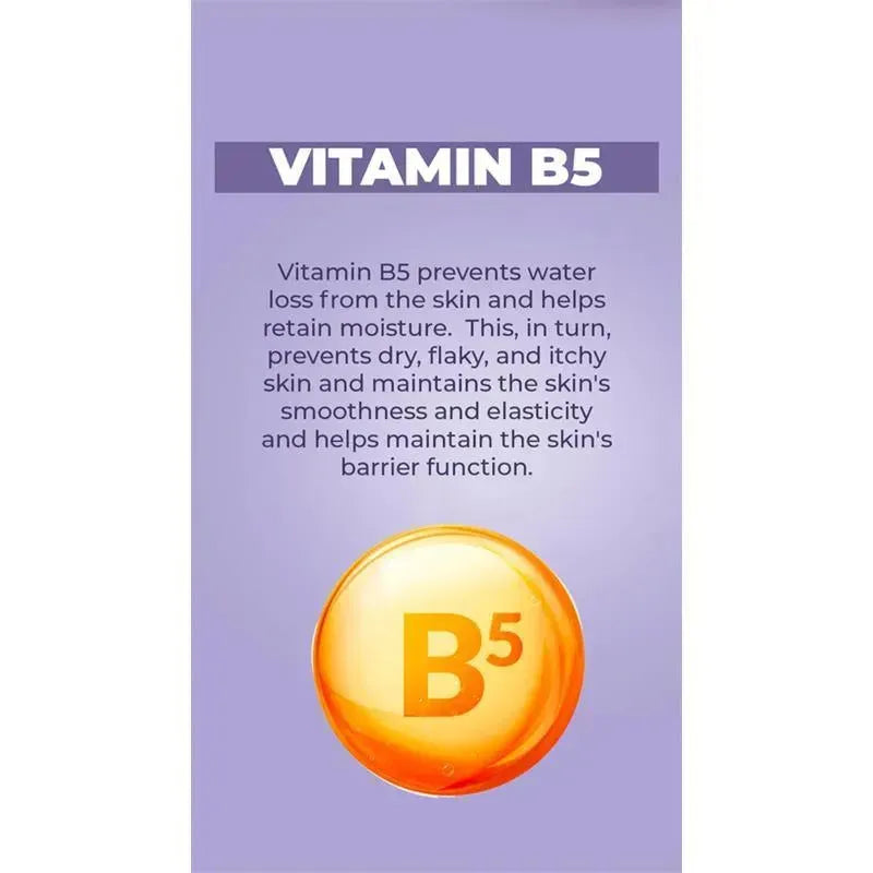 Vitamin B5 benefits for skin: prevents moisture loss, maintains smoothness, elasticity, and skin barrier function.
