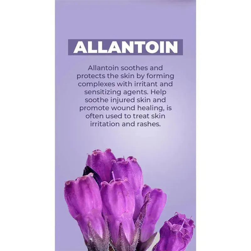 Allantoin description highlighting its skin-soothing properties, with purple flowers at the bottom.