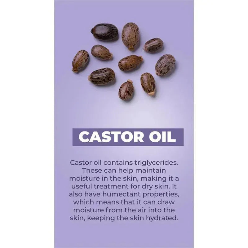 A cluster of castor seeds on a purple background, with text explaining the benefits of castor oil for skin hydration.
