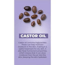 A cluster of castor seeds on a purple background, with text explaining the benefits of castor oil for skin hydration.