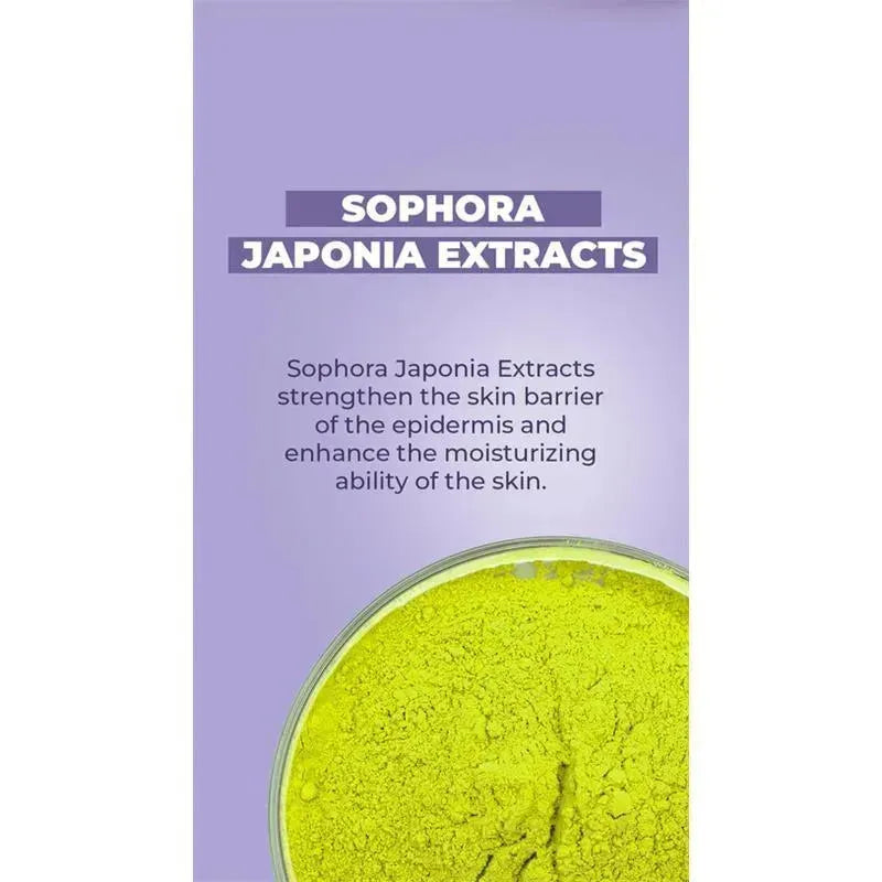 Sophora Japonia Extracts description highlighting benefits for skin hydration and barrier strengthening on a purple background.