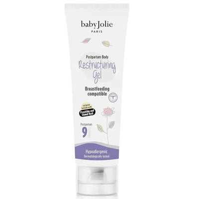 Postpartum Body Restructuring Gel by babyJolie, 7 oz tube, labeled as breastfeeding compatible and hypoallergenic.
