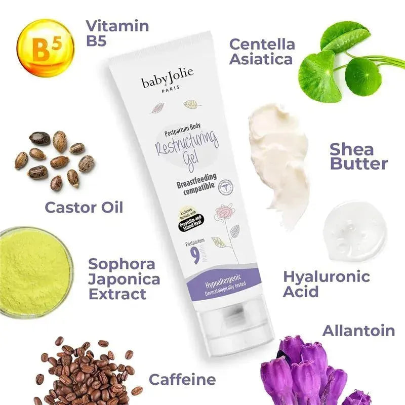 Postpartum Body Restructuring Gel by Baby Jolie, 7 oz, highlighting key ingredients like Vitamin B5, shea butter, and coffee.