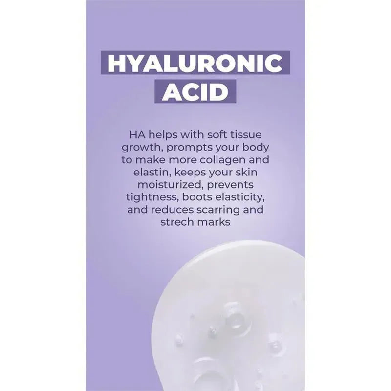 Hyaluronic Acid benefits listed on a purple background, describing its role in skin hydration and elasticity.