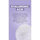 Hyaluronic Acid benefits listed on a purple background, describing its role in skin hydration and elasticity.