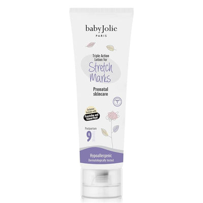 Triple Action Lotion for Stretch Marks by babyJolie, 7.5Oz, labeled for prenatal skincare, hypoallergenic and dermatologically tested.