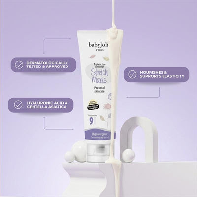 Triple Action Lotion for Stretch Marks by babyJoli, 7.5 oz, promotes prenatal skincare, featuring hyaluronic acid and centella asiatica.