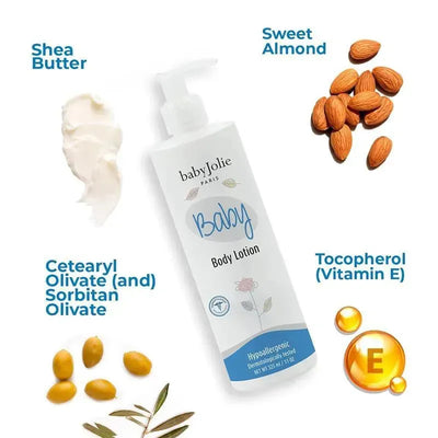 Baby Jolie body lotion bottle with shea butter, sweet almonds, tocopherol, and emulsifiers displayed around it.