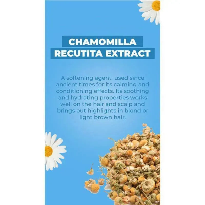 Chamomilla recutita extract description highlighting its calming properties, with chamomile flowers on a blue background.