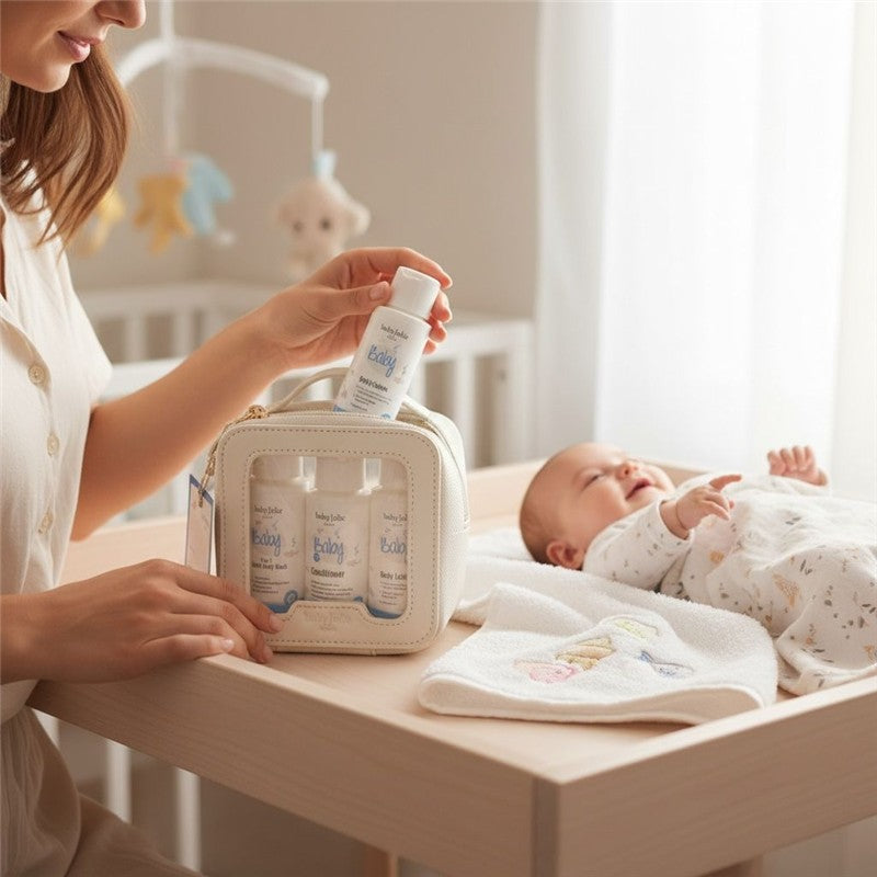 A parent holds a Baby Jolie Travel Kit, featuring bottles of hair and body wash, lotion, and conditioner, beside a smiling baby.